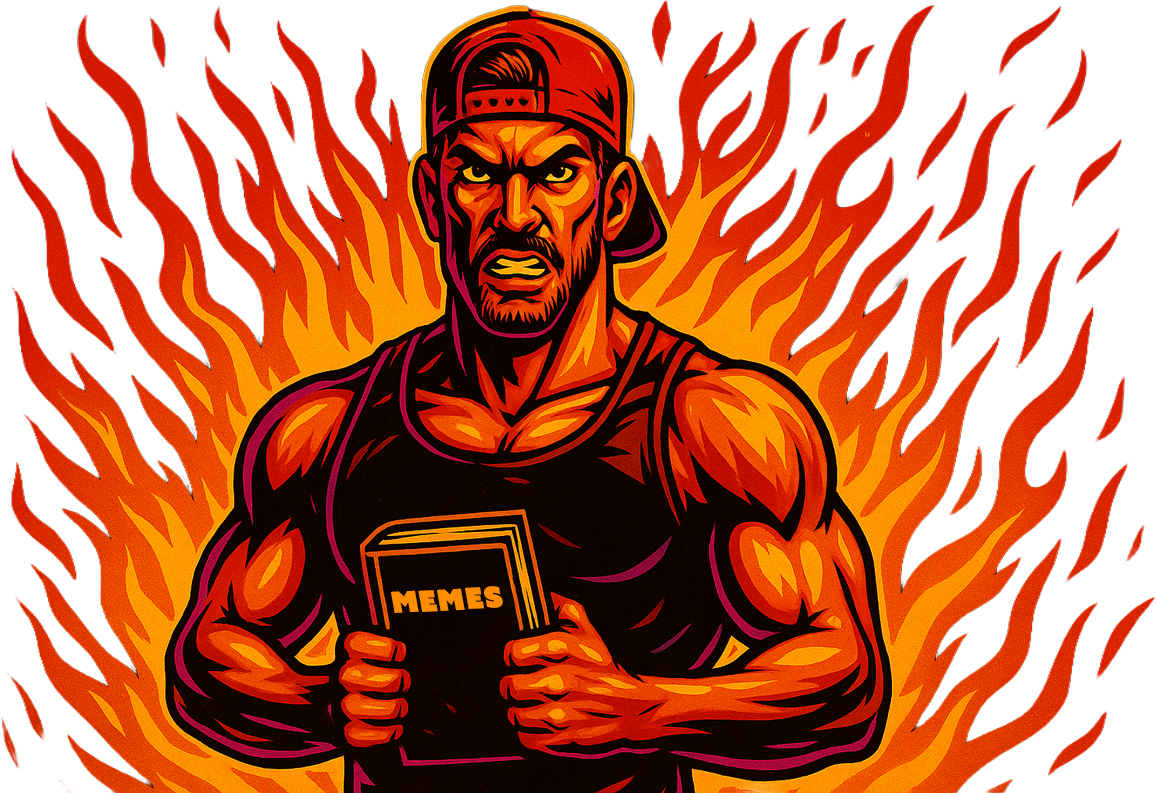 Illustration of a muscular man holding a Holy Bible with intense expression, surrounded by flames; designed in a bold comic style for Rage Click Co’s postmillennial marketing campaign.